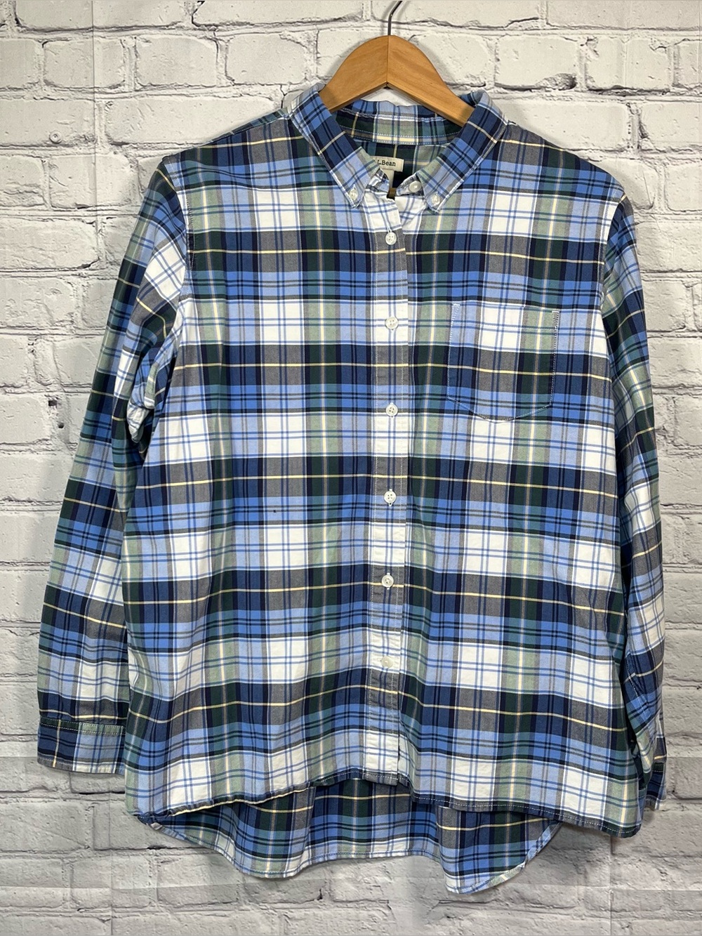 LL Bean Plaid Flannel Shirt Womens Size Large Blue Cotton Button Up